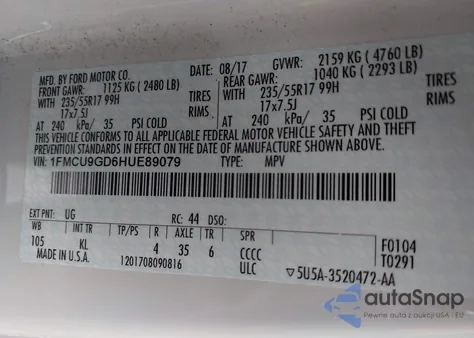 2017 Ford Escape Se z USA, uszkodzony, nr VIN 1FMCU9GD6HUE89079